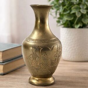 Solid Mid 20th Century Hand Engraved Asian Brass Vase 5” Family & Stag Deer